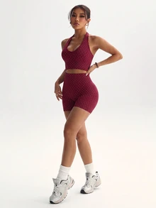 Slayform Women's Polka Dot Print Halter Neck Tank Top And Shorts Sports Set - Burgundy - View 7