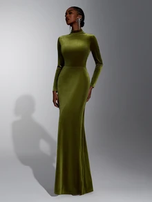 Elitara Elegant Olive Green Lace Velvet Stand Collar Long Sleeve Slit A-Line Bridesmaid Dress - Olive Green - View 5