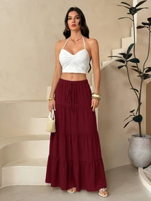 SHEIN Tall Rok Liburan Kasual Warna Polos untuk Wanita - Burgundy - View 6