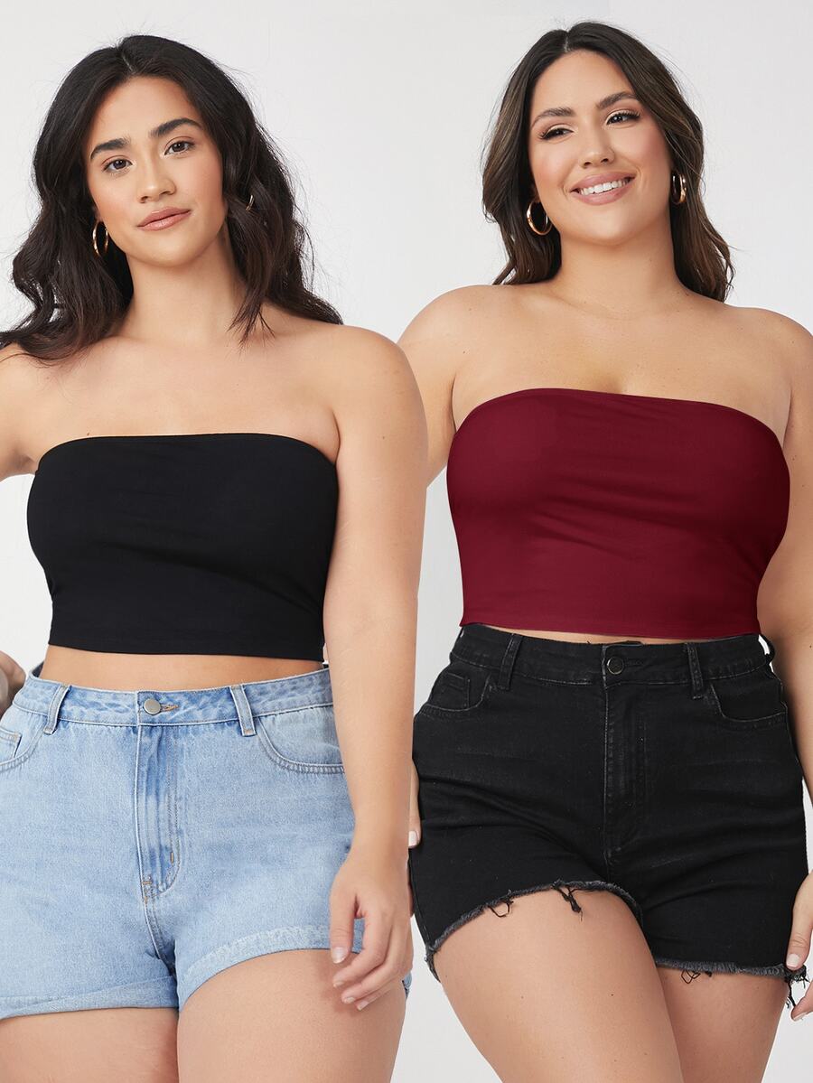 SHEIN BASICS Plus Size 2 Packs Crop Tube Top/Summer/Off-The-Shoulder Top Summer Tops - Multicolor - View 1