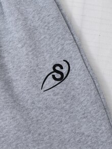 青少年女孩字母刺繡抽繩腰寬腿寬鬆休閒運動長褲 - 灰色 - 查看 5