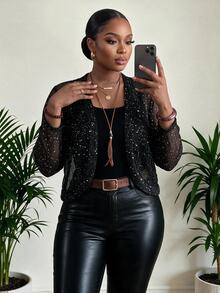 SHEIN Lady Jaket Wanita Ukuran Besar Lengan Panjang Mengkilap dengan Bukaan Depan untuk Halloween, Koktail, Acara Formal, Musim Panas, Elegan, Gaya Gotik - Hitam - View 4