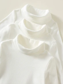 SHEIN 中性新生兒男嬰/女嬰 3件組秋冬保暖內裡加厚休閒百搭高領長袖連身衣套裝，嬰兒冬季連身衣，高彈性易穿脫 - 白色 - 查看 4