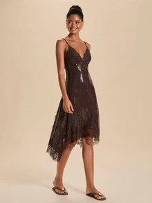 Travachic Women's Solid Color Sequin Contrast Lace Hem Cami Dress - Coffee Brown - View 5