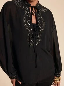 Travachic Women's Elegant Heavy Embellished Daily Commute Versatile Rhinestone Chiffon Semi-Sheer Long Sleeve Loose Blouse - Black - View 6