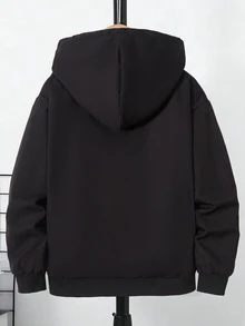SHEIN 青少年男孩字母圖案休閒日常穿著連帽夾克 - 黑色 - 查看 2