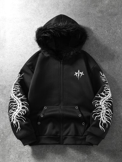 ROMWE MEN Street Life Men's Centipede Print Long Sleeve Zip-Up Hooded Sweatshirt