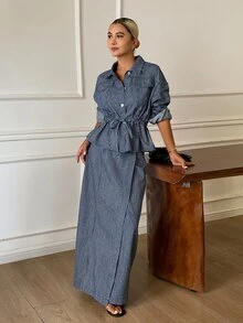 Livesso Tall 女款藍白條紋寬鬆夾克與裙子休閒兩件式牛仔套裝，適合日常秋季穿著 - 中等水洗藍 - 查看 2