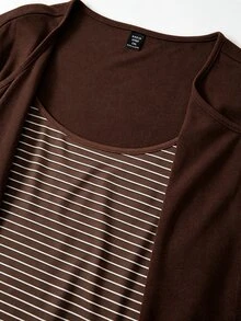 SHEIN CURVE+ Knitted Solid Color Front Button Cardigan With Striped Trim, Slim Fit Camisole With Drawstring Detail, Elegant Casual Commute Daily Outing Long Pants Plus Size 2-Piece Set - Coffee Brown - View 5