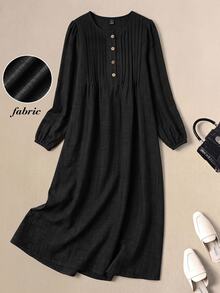 Rusticease Women's Solid Color Button Design Pleated Casual Basic Basic Retro Vintage 70s 2000s Long Dress Picnic Brunch Everyday Black Autumn - Black - View 1