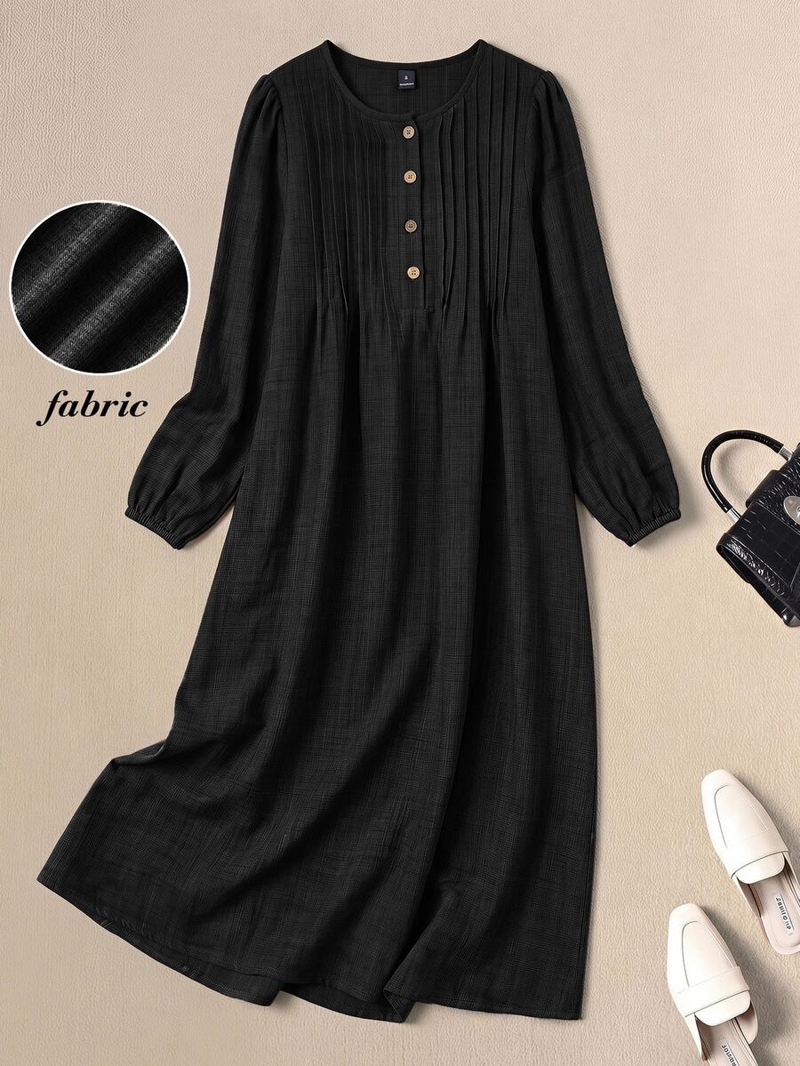 Rusticease Women's Solid Color Button Design Pleated Casual Basic Basic Retro Vintage 70s 2000s Long Dress Picnic Brunch Everyday Black Autumn - Black - View 1