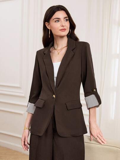 SHEIN LUNE Blazer Wanita Musim Gugur/Dingin dengan Satu Kancing dan Lipatan Lengan, Cocok untuk Pakaian Kasual Kantor/Bisnis