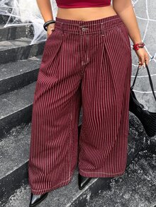 Jeanoix Y2K Plus Size Women Non-Stretch Denim Straight Leg Pants Burgundy Striped Design Straight Leg Long Pants Cowboy Outfits For Women - Red - View 3