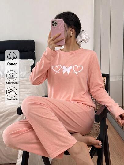 SHEIN Women Pink Butterfly Heart Print Round Neck Long Sleeve Pajama Set Soft Homewear Sleepwear