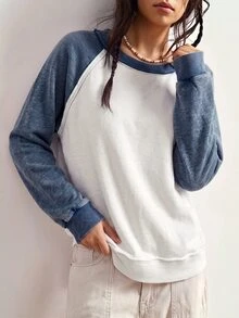 Bohemela Áo nỉ dài tay phối màu tối giản cho nữ, phù hợp đi chơi cuối tuần - Xanh và trắng - Xem 7