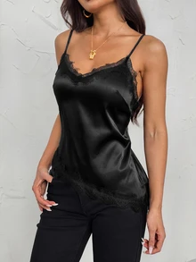 SHEIN PETITE Women's Solid Color Contrast Lace Asymmetric Hem Cami Top - Black - View 4