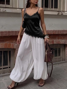 SHEIN PETITE Women's Solid Color Contrast Lace Asymmetric Hem Cami Top - Black - View 8