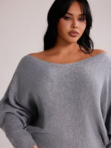 Rustia Plus Size Off Shoulder Batwing Sleeve Knit Mini Dress, Loose Soft Curve-Hugging Melanin Baddie Fall Winter Daily Essential Outfit - Grey - View 6