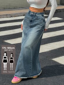 Flexra Tall Fashion Casual Washed Vintage Frayed Hem Extra Long Denim Skirt - Dark Wash - View 1