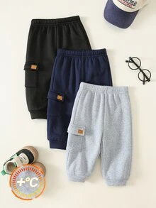 SHEIN 男女嬰兒 3件組 秋冬加厚抓絨內裡運動長褲 多件裝，男嬰冬季下裝慢跑褲 - 藏蓝色 - 查看 4