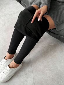 Louniche 女款秋冬休閒日常純色保暖內裡加厚緊身褲，適合居家穿著 - 灰色 - 查看 4