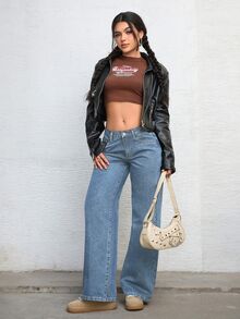 Jeanoix Petite Y2K Women's Outdoor All-Season Commute Fashion Blue Wide Leg Jeans - Light Wash - View 4