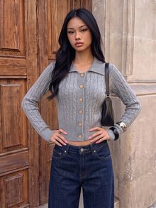TRNVIE Women's Cable Knit Long Sleeve Single-Breasted Casual Cardigan - Light Grey - View 4