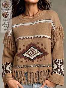 Holdful Holdful Herbst Neu Braun und Weiß Quasten Jacquard Design Locker Faul Boho Damen Pullover Urlaub - Braun - Übersicht 1