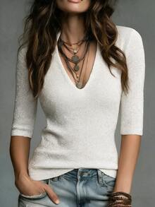 SHEIN New Spring Fall Minimal Sparkle Thread Rib Knit Tee Women Notch Collar V Neck Mid Sleeve Retro Fitted - White - View 5