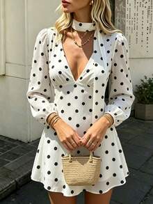 Cévolie French Minimalist Casual Polka Dot Long Sleeve Dress - White - View 4