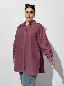 SHEIN Essnce 大尺碼休閒百搭純色側開衩襯衫 秋季 - 中紫紅色 - 查看 3