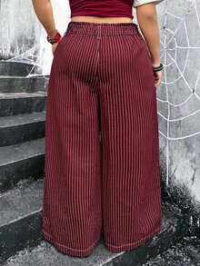 Jeanoix Y2K Plus Size Women Non-Stretch Denim Straight Leg Pants Burgundy Striped Design Straight Leg Long Pants Cowboy Outfits For Women - Red - View 2
