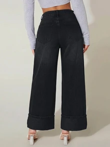 SHEIN PETITE 女款高腰口袋寬腿寬鬆休閒牛仔褲秋季服飾 - 黑色 - 查看 4