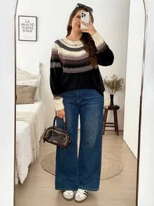 Easowa Curve Plus Size Autumn/Winter Casual Colorblock Striped Pullover Sweater - Multicolor - View 7