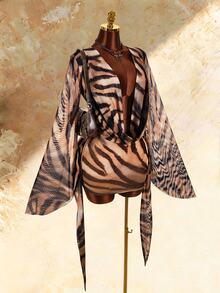 Amplova Women's Cowl Neck Animal Print Sexy Long Sleeve Dress - Brown - View 6