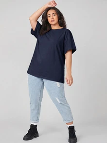 SHEIN BASICS 大尺碼捲袖口純色夏季上衣 - 藏蓝色 - 查看 5