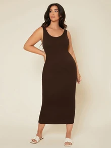 SHEIN BASICS 大尺碼純色貼身夏季洋裝 女款夏季穿搭 優雅女裝洋裝 - 咖啡棕 - 查看 7