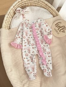 SHEIN Newborn Baby Cute Rabbit Print Ruffle Trim Romper Loungewear - Pink - View 5