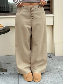 Dazy Plus Spring/Autumn New Vintage Washed Solid Color Casual High Waist Versatile Multi-Button Jeans - Apricot - View 7