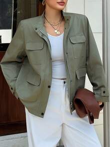 Dazy Plus Solid Color Loose Fit Utility Motorcycle Pocket Street Casual Spring/Autumn New Regular Jacket - Army Green - View 3