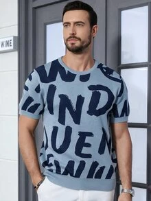 Marcello Vane Men's Letter Print Crew Neck Short Sleeve Casual Knit Top - Multicolor - View 3
