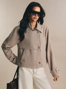 Poéselle 女款法式格紋優雅百搭短款風衣外套 - 棕色 - 查看 8