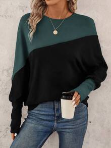 SHEIN LUNE 女款拼色休閒日常長袖運動衫 - 綠色 - 查看 4