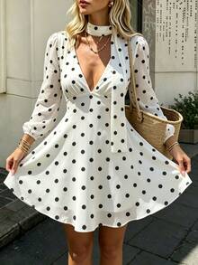 Cévolie French Minimalist Casual Polka Dot Long Sleeve Dress - White - View 5