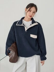 Dazy-Less Women's Colorblock Drop Shoulder Long Sleeve Button Half-Placket Casual Sweatshirt Business Casual Woman Fall - Navy Blue - View 4