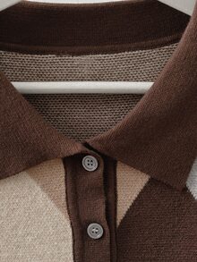 GlowEve CURVE Plus Size Women's Diamond Pattern Polo Collar Long Sleeve Casual Pullover Sweater Winter - Coffee Brown - View 6