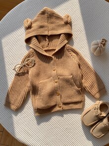 SHEIN 嬰兒男孩女孩通用 素色百搭舒適連帽長袖開襟針織外套 秋冬適用 - 卡其色 - 查看 4