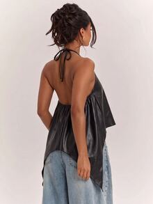 SHEIN BAE 女款休閒度假掛脖露背不對稱下擺黑色純色PU背心，適合海灘度假、海灘假期、姐妹休閒度假，優雅實用黑色PU背心 - 黑色 - 查看 2
