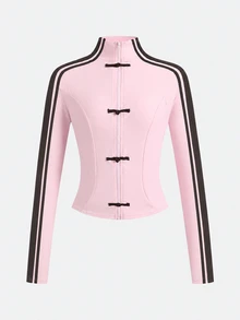 SHEIN 青少年女孩對比棕色中式結與織帶立領修身粉色長袖夾克外套休閒運動風，5款隨機1件 - 粉色 - 查看 2