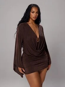 Rustia Plus Size Fashionable Cowl Neck Ruched Bodycon Sexy Elastic Dress - Brown - View 6